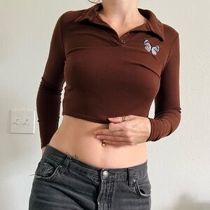 Y2K Brown Butterfly Long Sleeve Crop Top